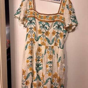 RSVP Cream Midi Dress with Yellow Floral & Green Leaves